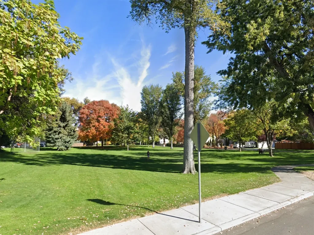 A tree-lined park in autumn colors beside a quiet sidewalk
