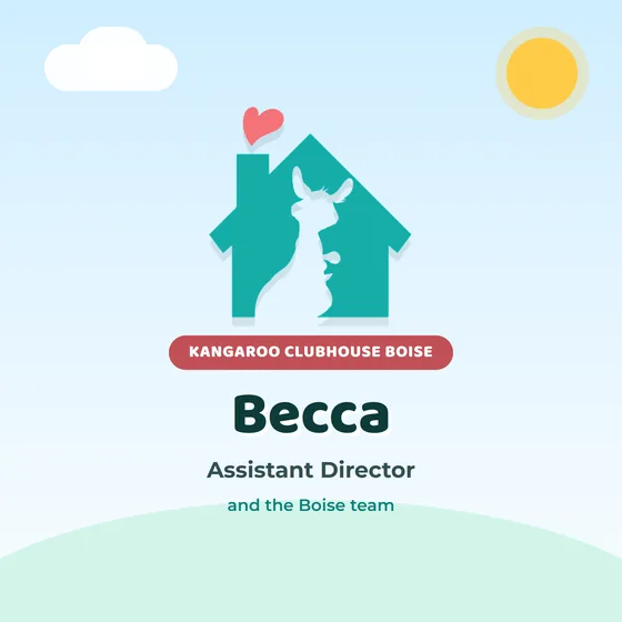 A team badge for Kangaroo Clubhouse Boise: Becca, Assistant Director, and the Boise team