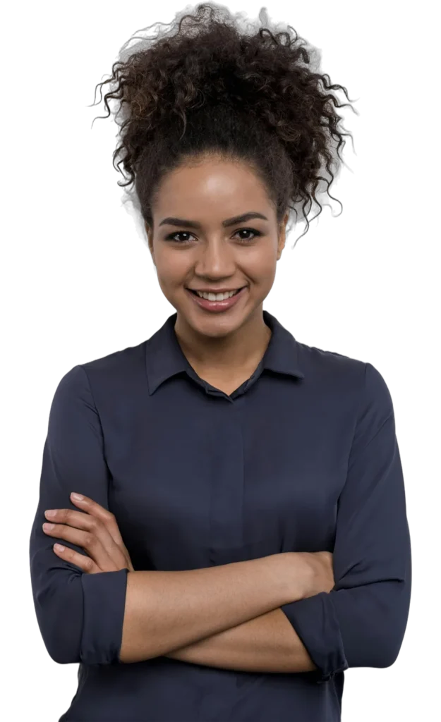A smiling woman in a navy shirt with her arms folded