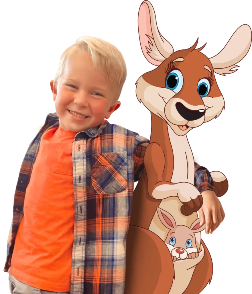 A smiling boy in an orange shirt and plaid flannel stands arm in arm with Mama Roo, the cartoon mother kangaroo, her joey peeking out of her pouch