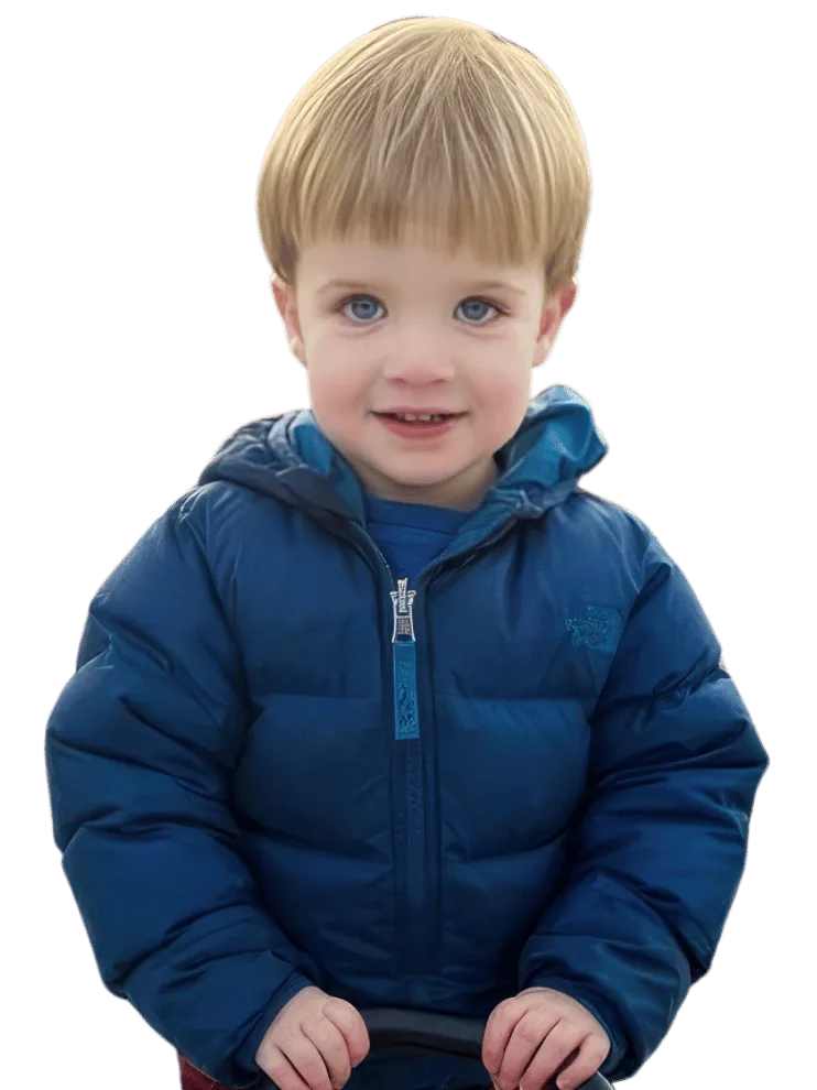 A smiling blond boy in a blue puffer jacket